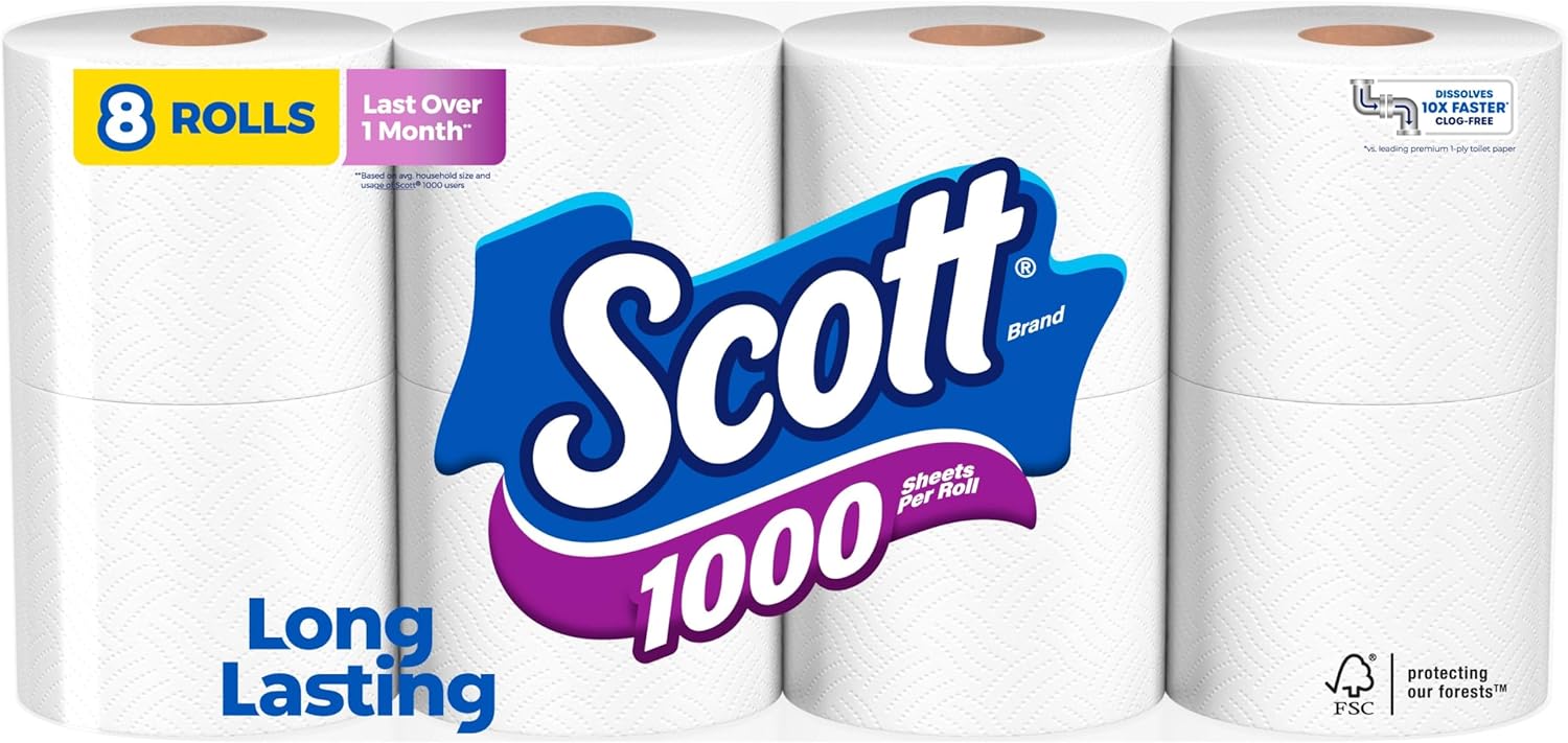  Scott 1000 Toilet Paper, 8 Rolls, Septic Safe, 1 Ply Toilet Tissue
